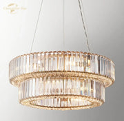 Elegant gold elliana crystal chandelier features a two-tiered crystal chandelier pendant with faceted glass rods