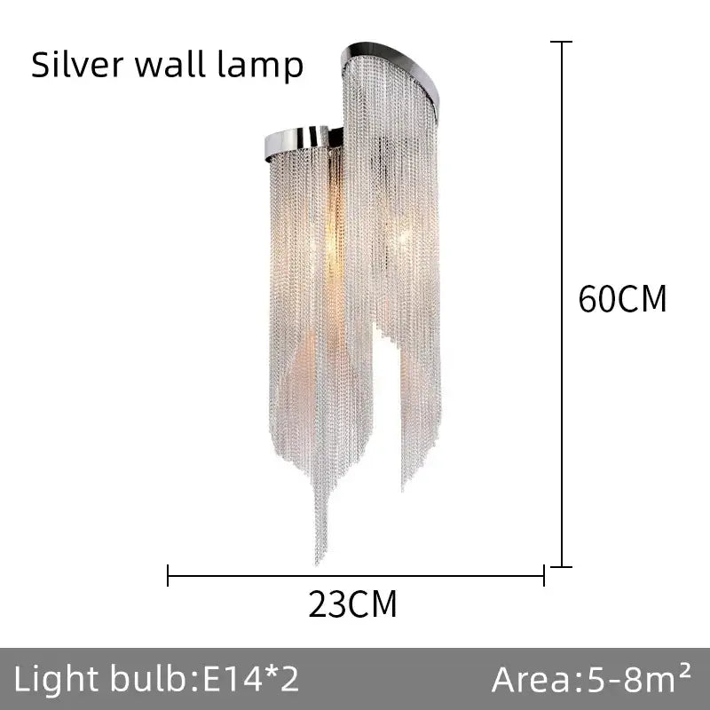 Silver wall lamp with sleek modern design and cascading chains resembling a decorbites fringed chandelier for dining room