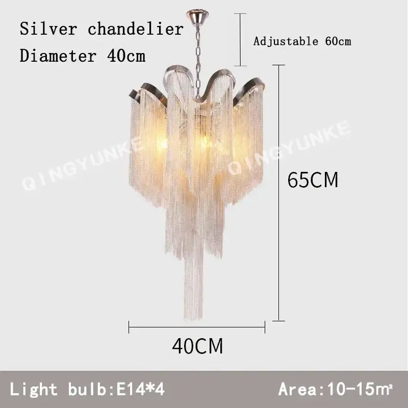 Silver decorbites fringed chandelier with cascading translucent crystal strands, 40cm diameter, adjustable height to 65cm for dining room