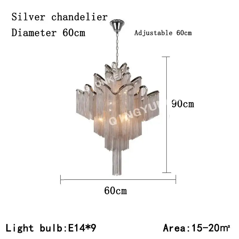 Elegant silver decorbites fringed chandelier with clear glass petals and metallic frames for dining room decor
