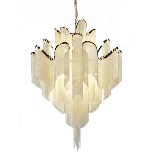 Elegant gold glass decorbites fringed chandelier with translucent layered panels and delicate fringe for dining room decor