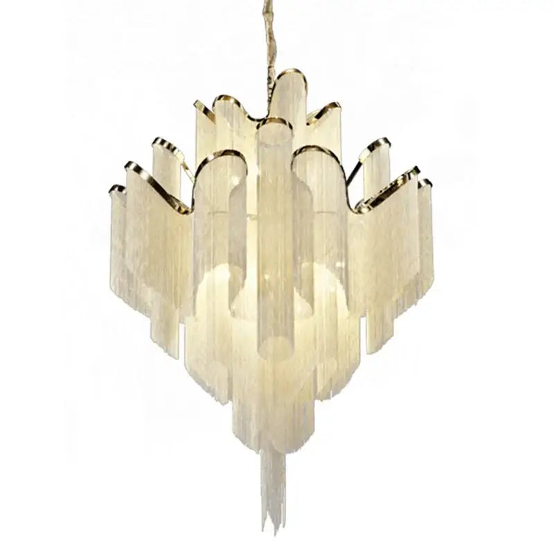 Elegant gold glass decorbites fringed chandelier with translucent layered panels and delicate fringe for dining room decor