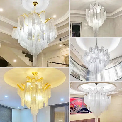 Elegant gold decorbites fringed chandelier with cascading clear glass prisms and metal arms for dining room lighting