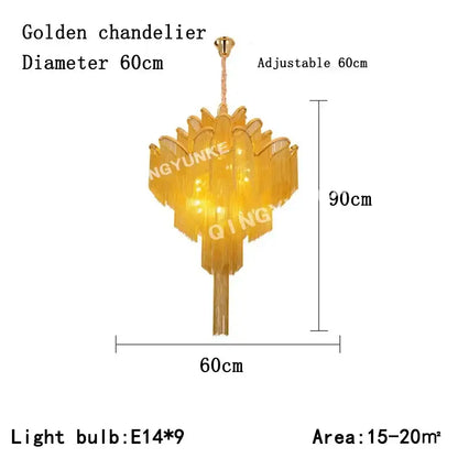 Elegant gold glass decorbites fringed chandelier with layered design and adjustable hanging length for dining room
