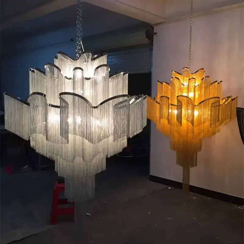 Elegant gold glass decorbites fringed chandelier with two tiers, clear and amber glass tubes for dining room decor