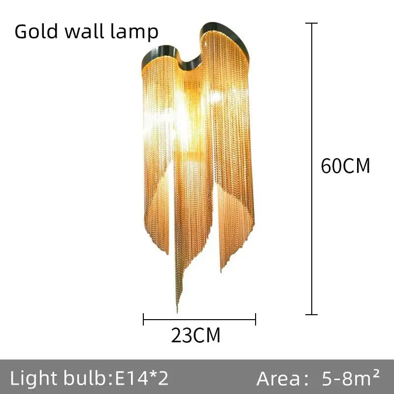 Elegant gold glass decorbites fringed chandelier with cascading chain strands for modern dining room lighting