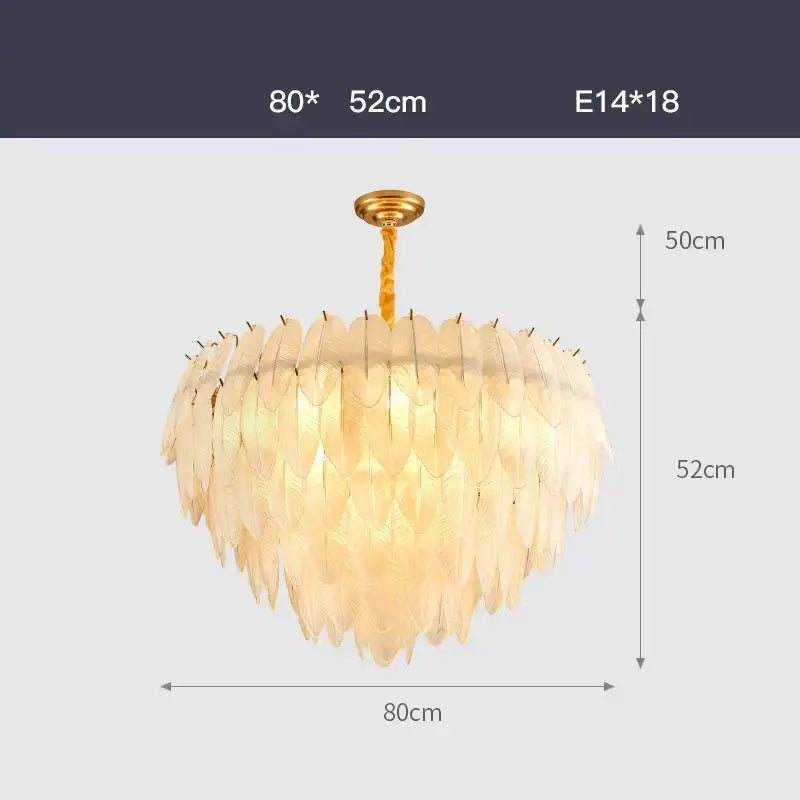 Elegant gold glass feather led hanging chandelier with layered translucent shell shades in cascading circular design for foyer