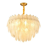 Elegant gold glass feather led hanging chandelier with cascading translucent feather-like glass shades for foyer