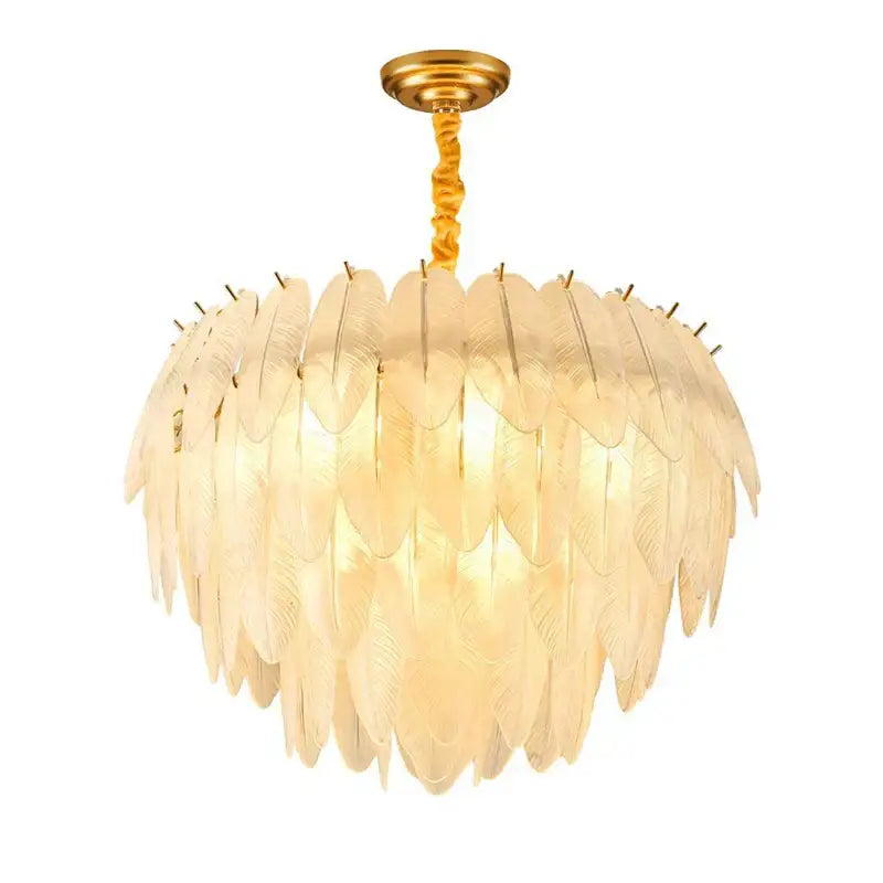 Elegant gold glass feather led hanging chandelier with cascading translucent feather-like glass shades for foyer