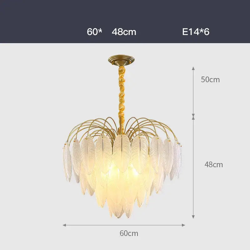 Elegant gold glass feather led hanging chandelier with delicate translucent feather-shaped shades for foyer lighting