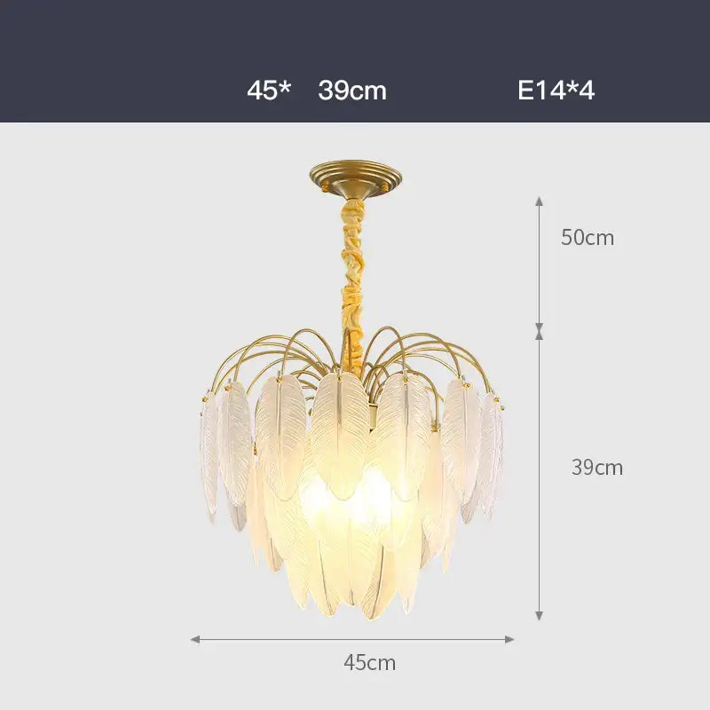 Elegant gold glass feather led hanging chandelier with translucent feather-shaped shades for foyer lighting
