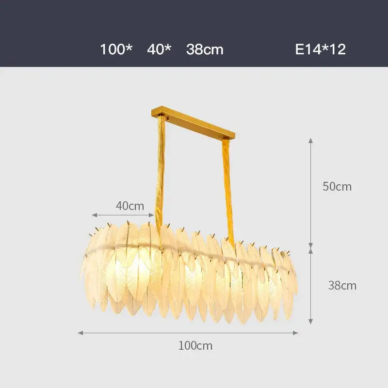 Elegant gold-toned glass feather led hanging chandelier with leaf-shaped pendant design for modern foyer lighting
