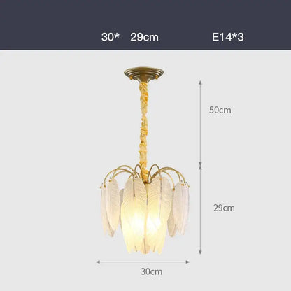 Elegant gold glass feather led hanging chandelier with translucent feather-shaped shades and twisted rope suspension chain