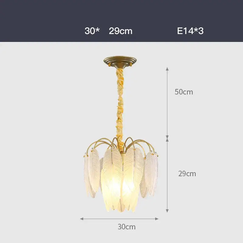 Elegant gold glass feather led hanging chandelier with translucent feather-shaped shades and twisted rope suspension chain