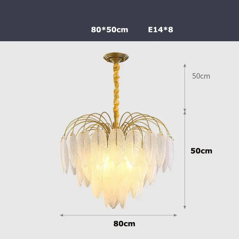 Elegant gold glass feather led hanging chandelier with translucent feather-shaped glass shades for foyer lighting