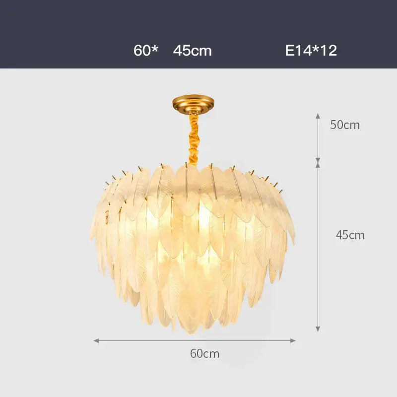 Elegant gold glass feather led hanging chandelier with layered translucent feather-like shades for foyer lighting