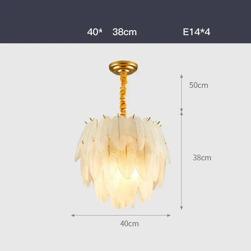 Elegant gold glass feather led hanging chandelier with layered translucent white feather shades and twisted cord for foyer