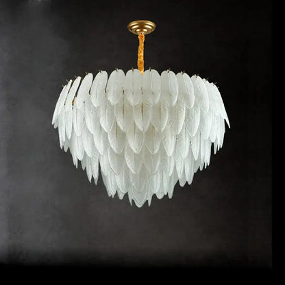 Elegant gold ceiling fixture with white glass feather led hanging chandelier for foyer lighting and decor