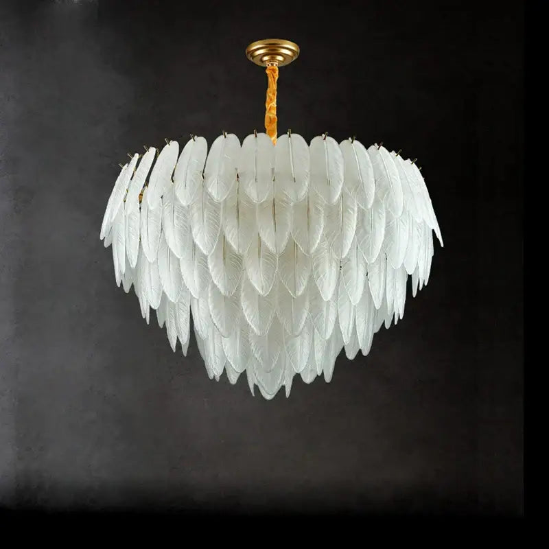 Elegant gold ceiling fixture with white glass feather led hanging chandelier for foyer lighting and decor