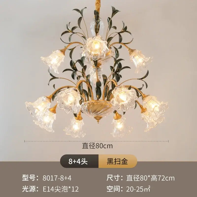 Elegant black gold glass flower chandelier with clear glass bell shaped shades for lobby crystal lighting