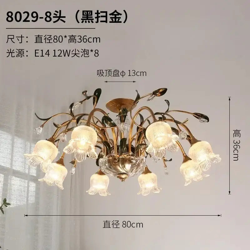 Elegant black-gold glass flower chandelier with eight frosted glass tulip shades and crystal accents for lobby lighting