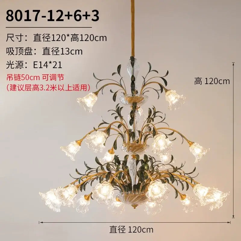 Elegant gold glass flower chandelier with intricate floral design and clear glass lampshades for lobby lighting