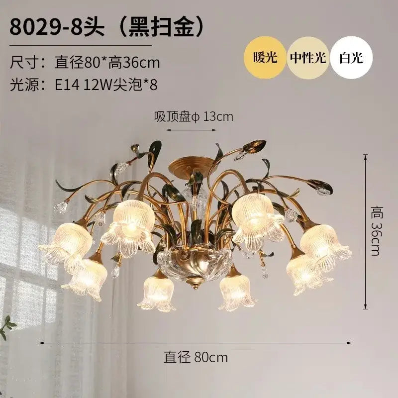 Elegant gold glass flower chandelier with eight frosted bell-shaped shades and crystal accents in a floral motif