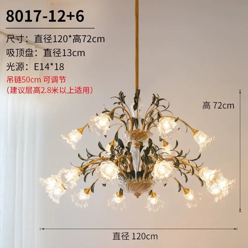 Elegant gold-toned glass flower chandelier with clear blossoms dark green leaves and 18 e14 bulbs for lobby lighting