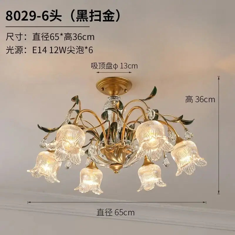 Elegant gold glass flower chandelier with six crystal bell-shaped shades and leafy metal arms in black-gold finish