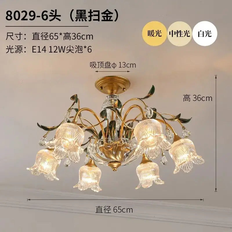 Elegant gold glass flower chandelier with six crystal bell-shaped shades and leafy metal arms for lobby lighting