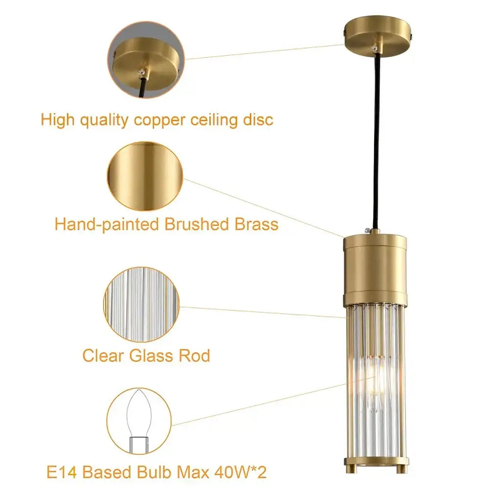 Hand-painted brushed brass pendant light with clear glass rods and e14 bulb base for kitchen and dining room shade pendant lights