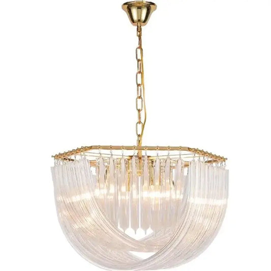 Elegant gold glass tube pendant chandelier with cascading clear glass prisms on polished brass frame for dining room light