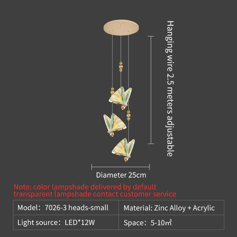 Elegant gold iridescent butterfly stairs bar pendant light with three delicate butterflies in pastel hues and metallic accents
