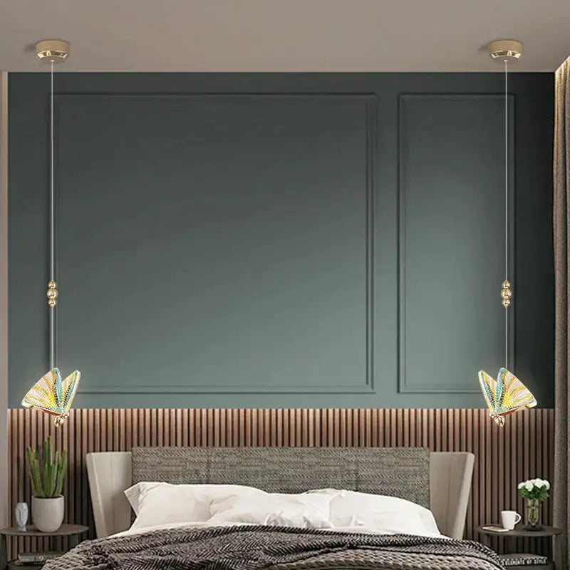Elegant gold iridescent decorbites butterfly stairs bar pendant light with yellow green butterfly wings for bedroom decor