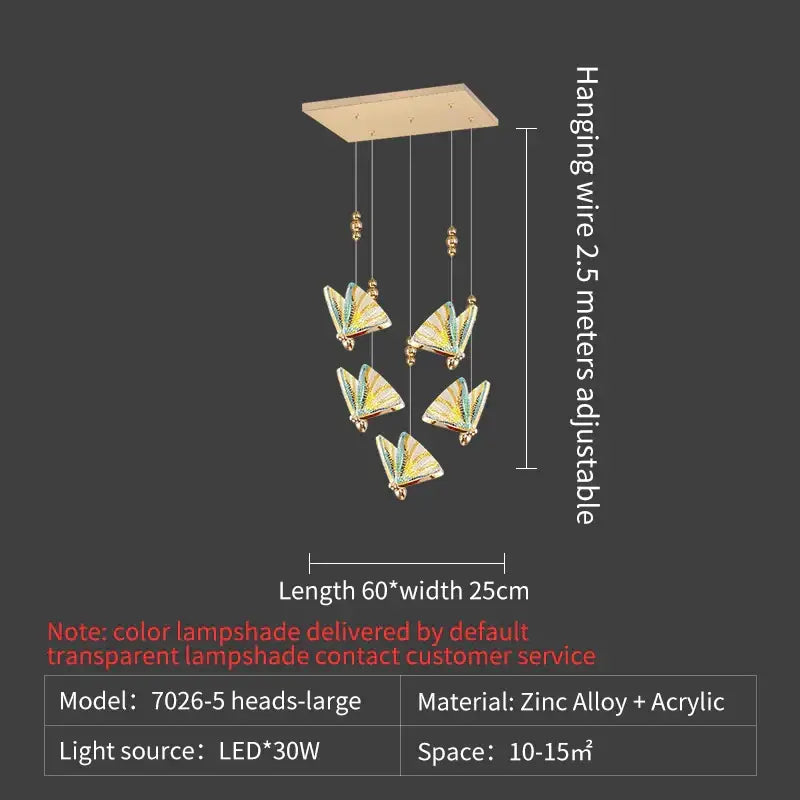 Elegant gold iridescent butterfly stairs bar pendant light with five translucent butterfly lampshades for bedroom decorbites butterfly stairs