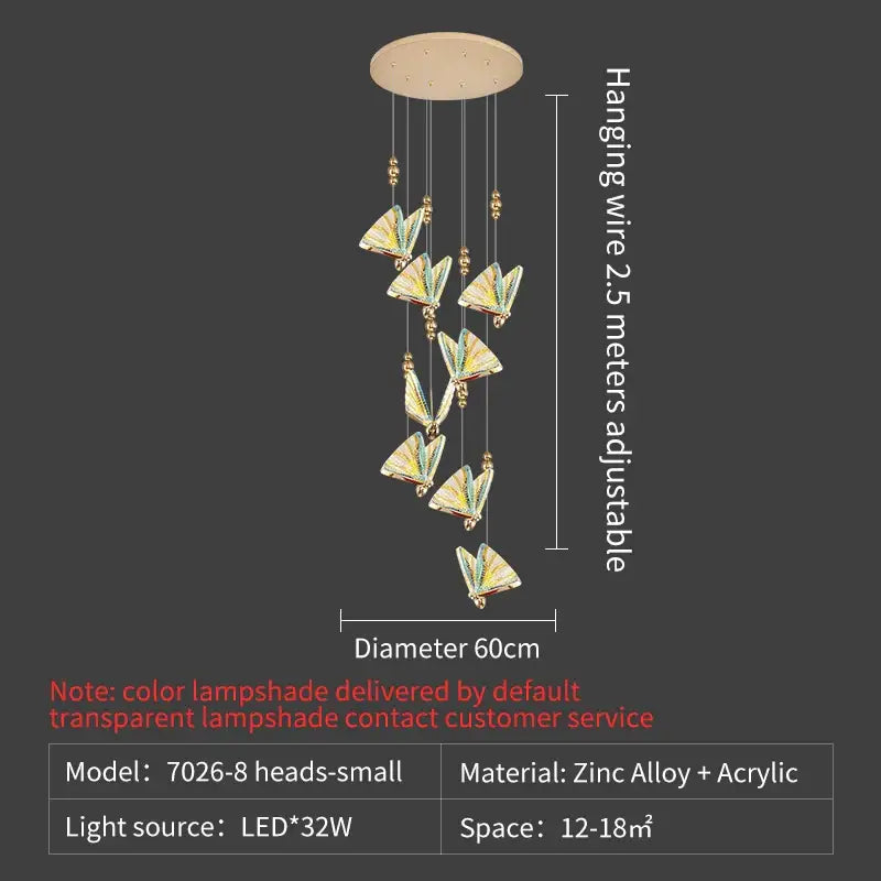 Elegant gold iridescent butterfly stairs bar pendant light with eight translucent butterfly lampshades on brass base