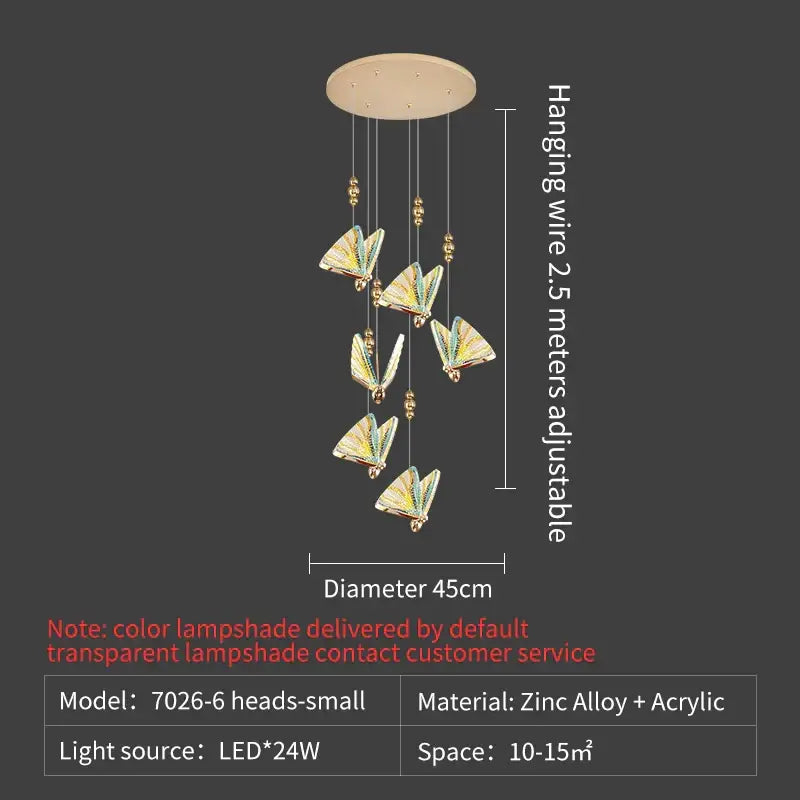 Elegant gold iridescent butterfly stairs bar pendant light with six translucent butterfly lampshades on beige base