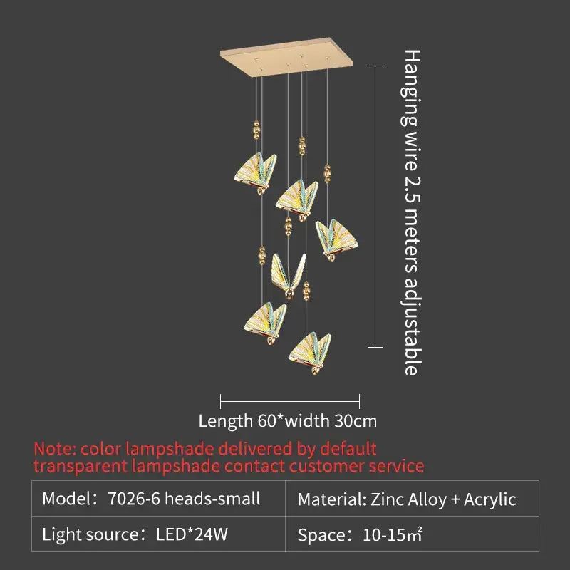 A modern gold iridescent pendant light with six translucent butterfly stairs bar lampshades on a wooden ceiling mount