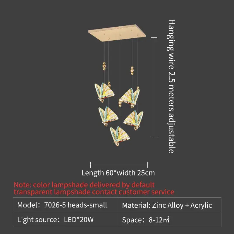 Elegant gold iridescent butterfly stairs bar pendant light with five translucent butterfly lampshades for bedroom decorbites butterfly stairs