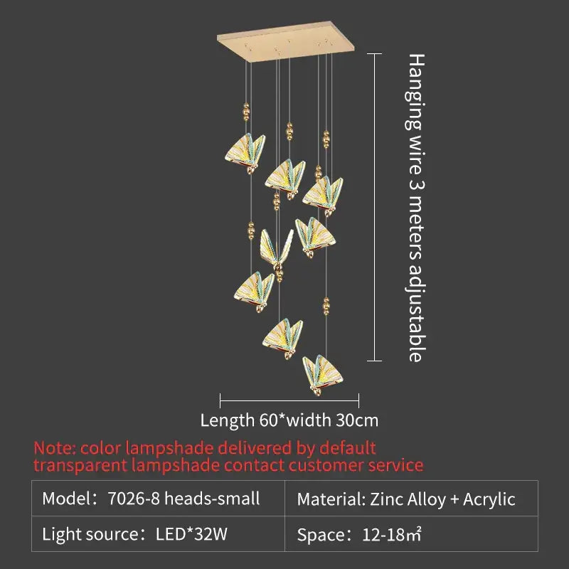 Elegant gold iridescent decorbites butterfly stairs pendant light with eight translucent butterfly lampshades on zinc alloy bar