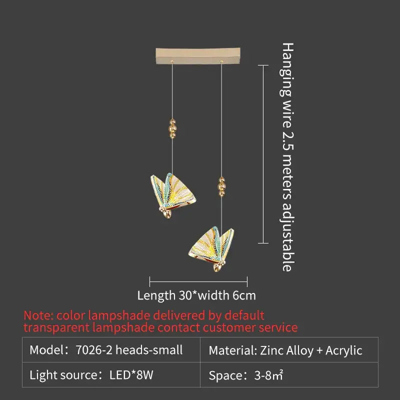 Elegant gold iridescent butterfly stairs bar pendant light with two colorful acrylic butterfly lampshades and zinc frame