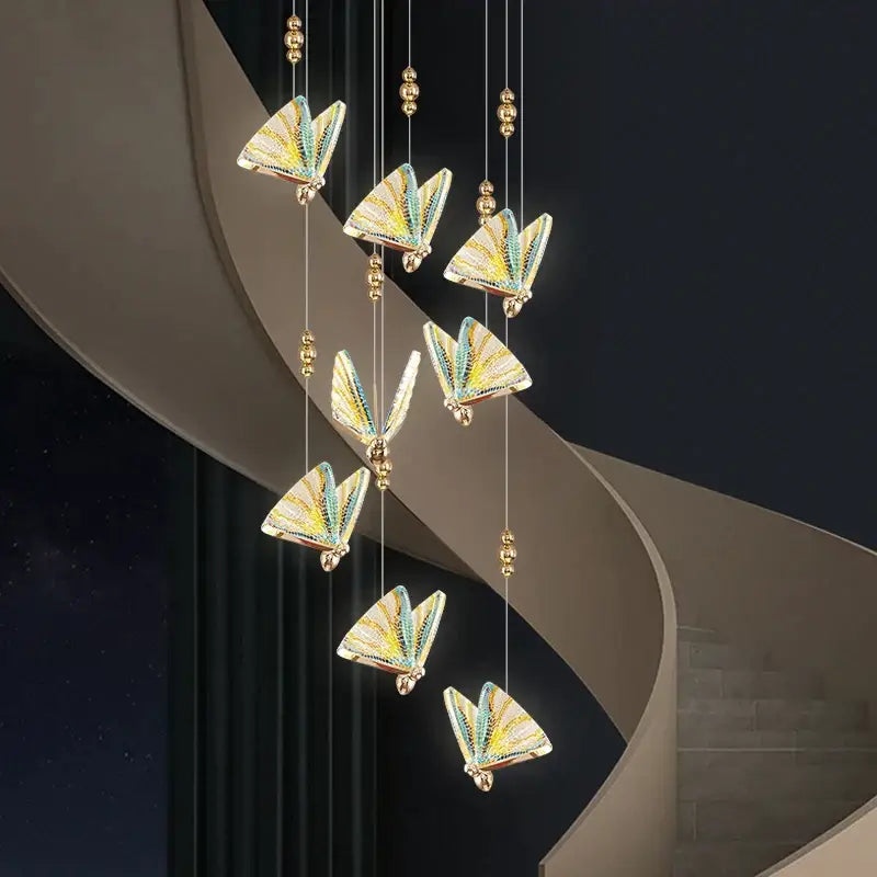 Elegant gold iridescent butterfly stairs bar pendant light with teal yellow and white gradient wings for bedroom decorbites butterfly stairs