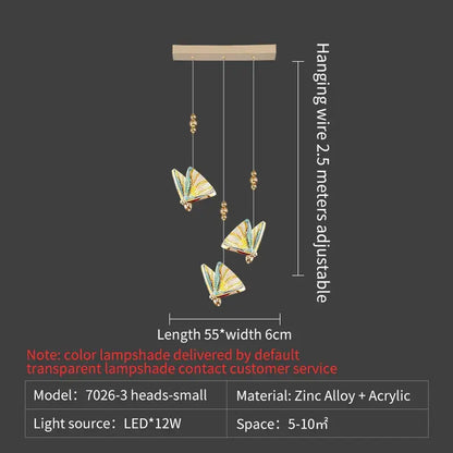 Elegant gold iridescent butterfly stairs bar pendant light features three colorful butterfly lampshades on wires