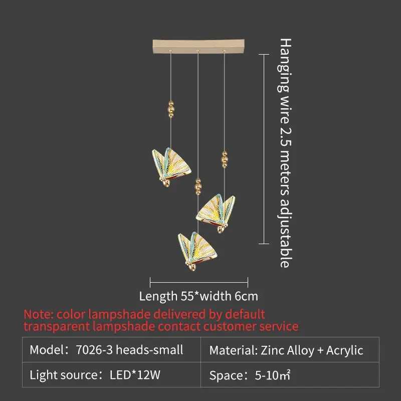 Elegant gold iridescent butterfly stairs bar pendant light features three colorful butterfly lampshades on wires