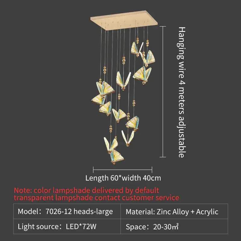 Elegant gold iridescent butterfly stairs bar pendant light with translucent butterfly lampshades and zinc alloy plate