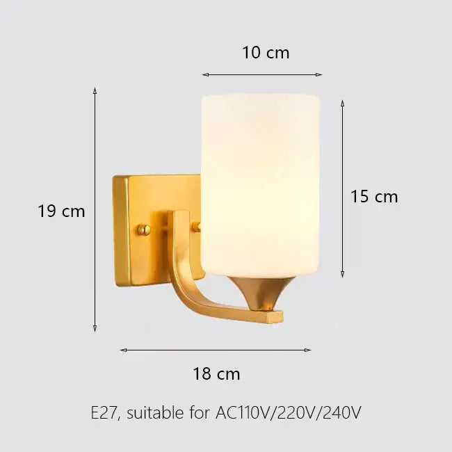 Elegant gold iron wall lamp with cylindrical frosted glass shade for bedroom decorbites iron wall lamp design