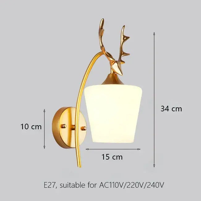 Elegant gold iron wall lamp with frosted glass shade featuring a gold-toned deer-head design for bedroom decorbites iron wall lamp
