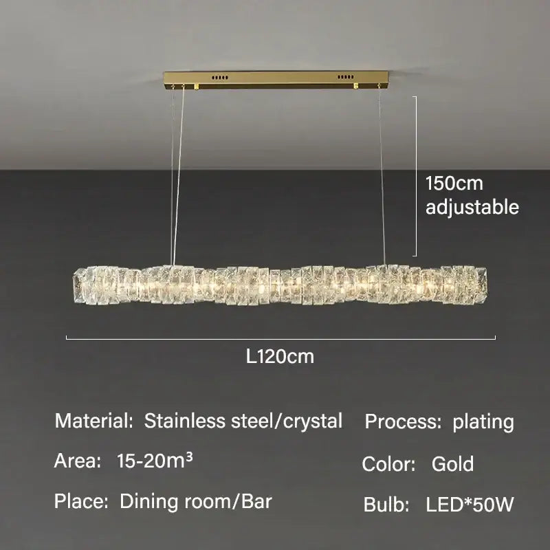Elegant gold led crystal chandelier with stacked crystal segments and led lighting for dining room use