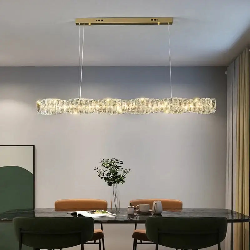 Elegant gold led crystal chandelier rectangular light with clear crystal segments for dining room illumination