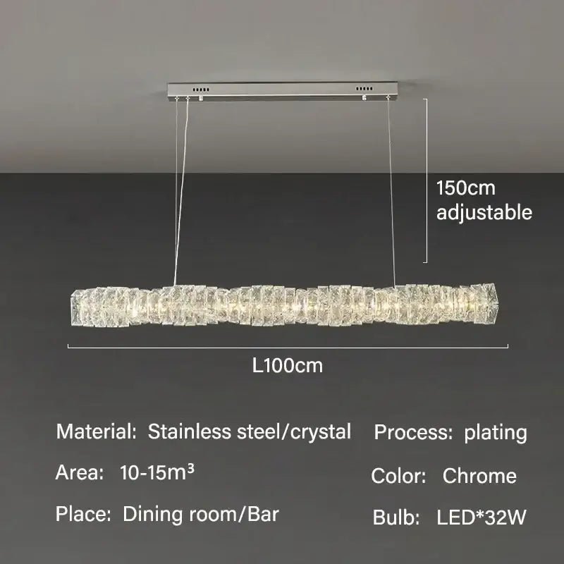 Elegant led crystal chandelier dining room rectangular light with chrome-finished stainless steel and textured pendant design